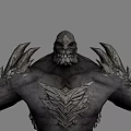 Muscular Game Movie Character With Rock Textured Skin Spiked Shoulders And Green Cargo Shorts