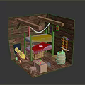 Wooden Cabin Interior With Bunk Bed Blue Cloth Barrel Table And Stools