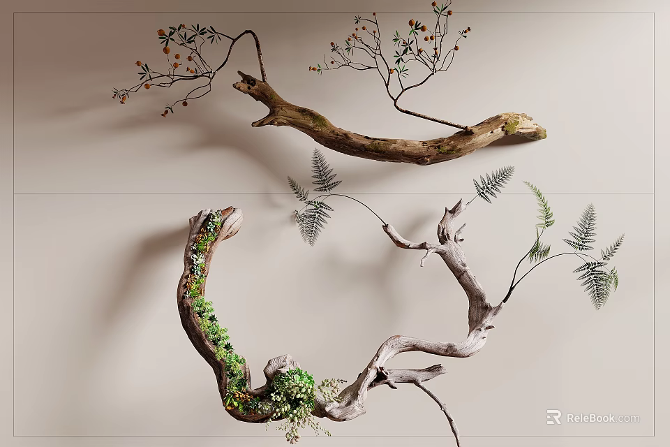 Decorative Branches with Ferns and Berries as Wall Decor on Light Colored Wall 3d model 