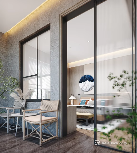 Modern Bedroom Interior With Large Window Round Blue Decorative Painting Green Plants And Rattan Chairs 3d model 