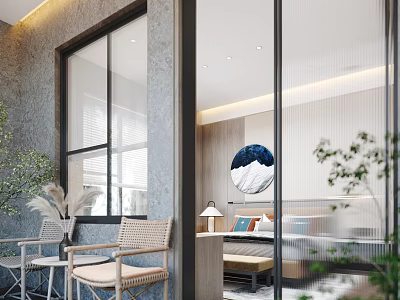 Modern Bedroom Interior With Large Window Round Blue Decorative Painting Green Plants And Rattan Chairs 3d model