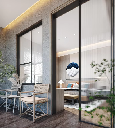 Modern Bedroom Interior With Large Window Round Blue Decorative Painting Green Plants And Rattan Chairs 3d model