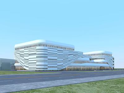Modern Commercial Complex Featuring Unique Striped Facade Glass Curtain Walls And Green Surroundings 3d model