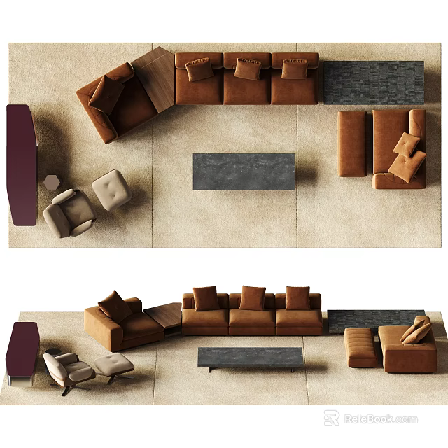 Brown Sectional Sofa and Black Coffee Table Set with Ottoman and Cushions 3d model