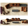 Brown Sectional Sofa and Black Coffee Table Set with Ottoman and Cushions 3d model