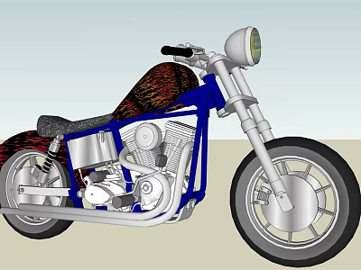 Custom Blue Motorcycle With Flame Pattern Seat And Silver Spoke Wheels 3d model