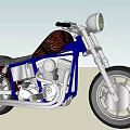 Custom Blue Motorcycle With Flame Pattern Seat And Silver Spoke Wheels