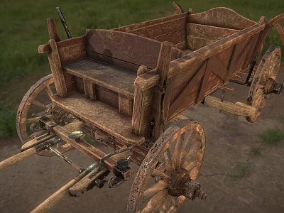 Old Wooden Wagon With Rustic Design And Vintage Wheels In Rural Grassland 3d model