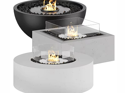 Modern Round and Square Fireplace Designs with Concrete Black Metal Bases Glass Screens and Flames 3d model