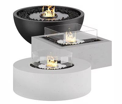 Modern Round and Square Fireplace Designs with Concrete Black Metal Bases Glass Screens and Flames 3d model