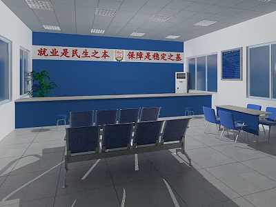 Government Service Hall with Blue Wall Reception Desk Chairs Plant Windows and Employment Security 3d model