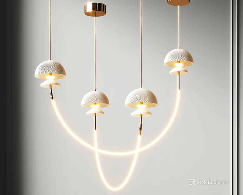 Minimalist Modern Chandelier With White Mushroom Shades And Golden Illuminated Lines 3d model 