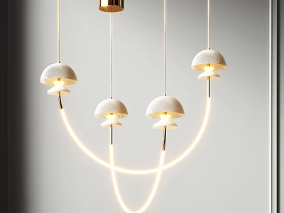 Minimalist Modern Chandelier With White Mushroom Shades And Golden Illuminated Lines 3d model