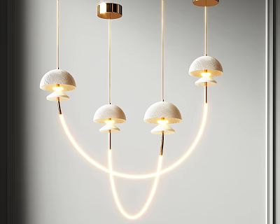 Minimalist Modern Chandelier With White Mushroom Shades And Golden Illuminated Lines 3d model