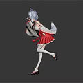 Anime Style Game Movie Character With White Hair Cat Ears Red Skirt White Top And Cape