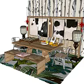 Wooden Dining Table Set With Matching Chairs Fruits Dishes Lamps And Decorative Paintings