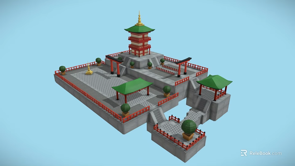 Cartoon Chinese Tower Scene With Green Roofs Red Decorations Stone Pavilions And Steps 3d model 