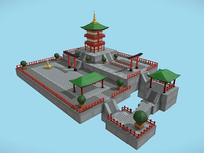 Cartoon Chinese Tower Scene With Green Roofs Red Decorations Stone Pavilions And Steps 3d model