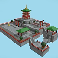 Cartoon Chinese Tower Scene With Green Roofs Red Decorations Stone Pavilions And Steps