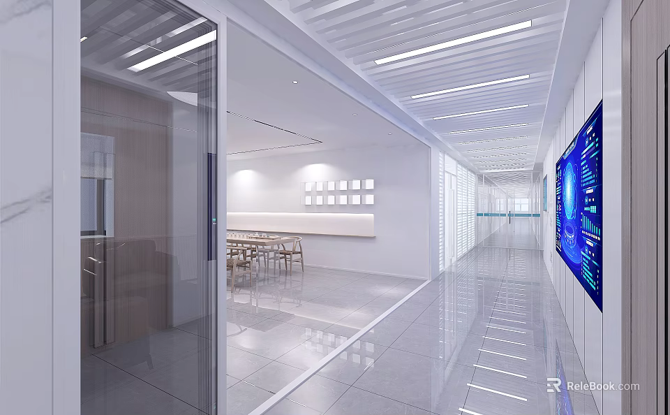 Modern Office Corridor With Glass Partitions Linear Ceiling Lights And Digital 3d model 