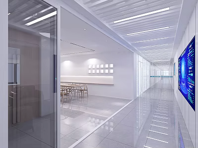 Modern Office Corridor With Glass Partitions Linear Ceiling Lights And Digital 3d model