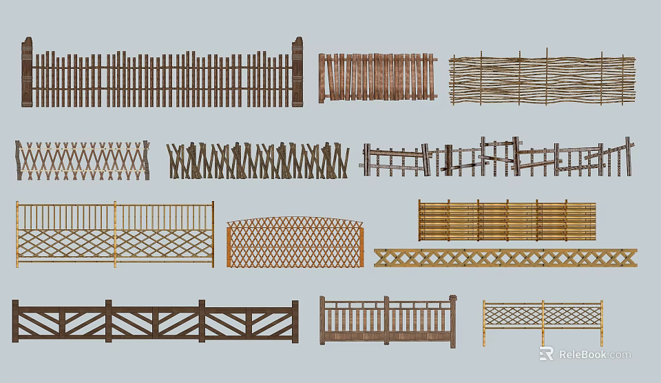 Various Types of Garden Fences with Wooden Bamboo and Decorative Designs 3d model 