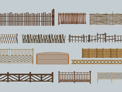 Various Types of Garden Fences with Wooden Bamboo and Decorative Designs 3d model
