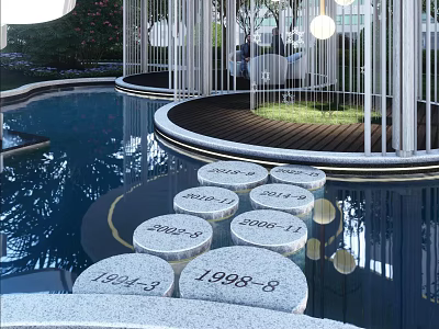 Modern Pergola Outdoor Design With Pool Circular Stone Slabs And Year Numbers 3d model