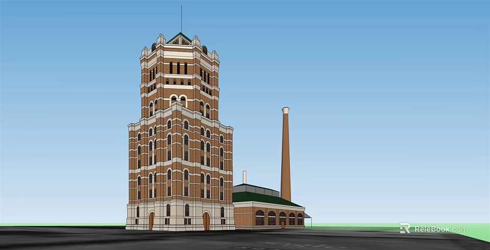Historic Tower Style Office Building Exterior Design With Adjacent Chimney And Low Rise Structure 3d model 