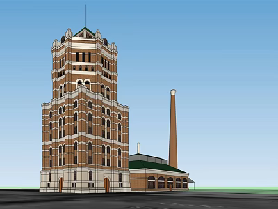 Historic Tower Style Office Building Exterior Design With Adjacent Chimney And Low Rise Structure 3d model