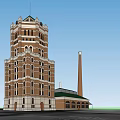 Historic Tower Style Office Building Exterior Design With Adjacent Chimney And Low Rise Structure