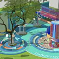 Colorful Children's Play Area With Slides Spinning Structures And Green Trees