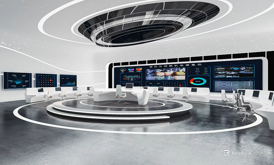 Modern Monitoring Room Control Center Featuring Multiple Display Screens Circular Console And White Chairs 3d model 