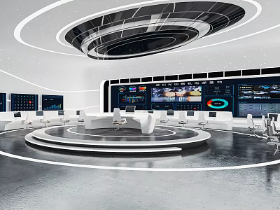 Modern Monitoring Room Control Center Featuring Multiple Display Screens Circular Console And White Chairs 3d model