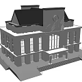 Classic European-style Building with Clock Tower Large Windows Sloped Roof Symmetrical Design and Entrance Steps