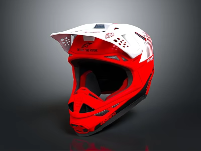 Red And White Motocross Helmet With Ventilation Holes And Safety Features 3d model