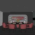 Modern Private Dining Room With Round Dining Table Red Chairs Decorative Painting And Large Windows