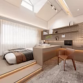Tatami Bedroom Interior Design With Wall Shelves Desk Soft Lighting And Decorative Items
