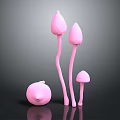 Pink Mushroom Like Plants Of Various Sizes On Dark Background With Reflection