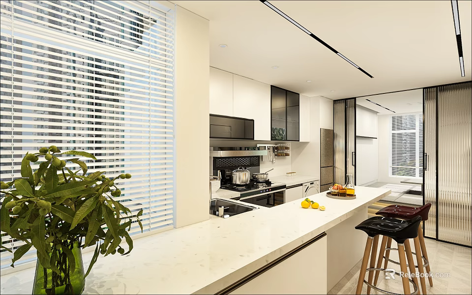 Modern Kitchen Interior Design With White Countertop Island Cabinets And Appliances 3d model 
