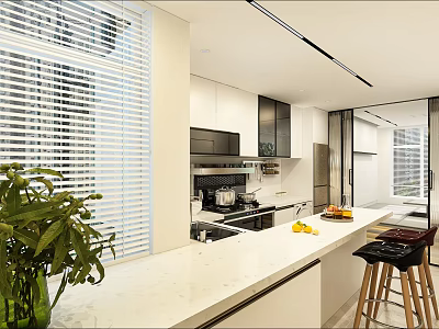 Modern Kitchen Interior Design With White Countertop Island Cabinets And Appliances 3d model