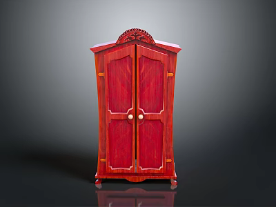 Red Double Door Cabinet With Ornate Carved Top And Decorative Details On Wheels 3d model