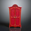 Red Double Door Cabinet With Ornate Carved Top And Decorative Details On Wheels