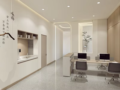 Modern Office Interior Design With Minimalist Workstations Computers White Wood Tones And Lighting 3d model
