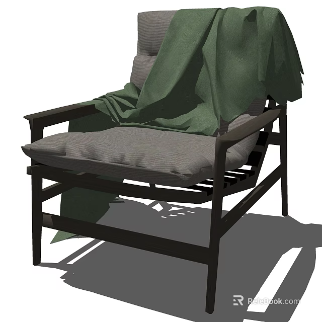 Stylish Armchair with Dark Wooden Frame Gray Cushion and Green Blanket 3d model 