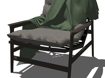 Stylish Armchair with Dark Wooden Frame Gray Cushion and Green Blanket 3d model