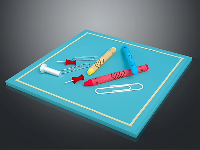 Assorted Household Stationery On Blue Tray With Thumbtacks Crayons And Paper Clip 3d model