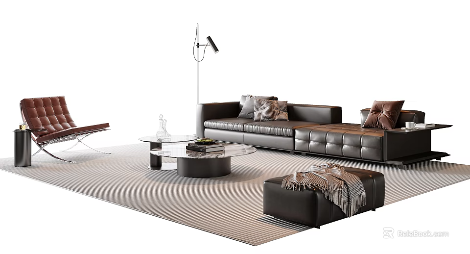 Black Leather Sofa and Glass Coffee Table Set with Decorative Pillows Ottoman and Striped Rug 3d model 