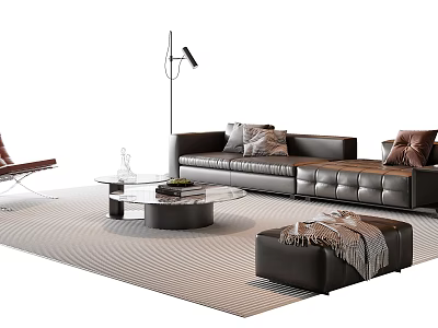 Black Leather Sofa and Glass Coffee Table Set with Decorative Pillows Ottoman and Striped Rug 3d model
