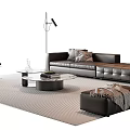 Black Leather Sofa and Glass Coffee Table Set with Decorative Pillows Ottoman and Striped Rug